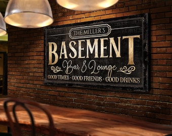 Personalized Basement Bar & Lounge Sign, Retro Home Bar Decor, Vintage Man Cave Sign, Rustic Bourbon Bar Decor, Farmhouse Garage Canvas Art