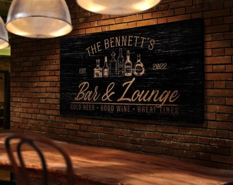 Personalized Bar & Lounge Sign, Home Bar Sign, Rustic Pub Decor, Family Name Sign, Man Cave Sign, Farmhouse Wall Decor, Large Canvas Print