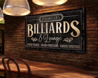 Personalized Billiards & Lounge Sign, Pool Hall Decor, Basement Man Cave Decor, Farmhouse Decor, Family Name Sign, Garage Game Room Decor