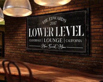 Personalized Lower Level Sign, Rustic Basement Bar Sign, Vintage Man Cave Sign, Movie & Game Room Lounge Decor, Farmhouse Canvas Wall Art