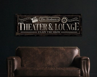 Personalized Theater & Lounge Sign, Custom Movie and Game Room Wall Decor, Farmhouse Canvas Print, Family Name Sign, Vintage Basement Decor
