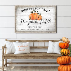 Personalized Pumpkin Patch Sign, Custom Pumpkin Farm  Rustic Fall Decor, Autumn Canvas Print, Harvest Thanksgiving, Family Name, EST Date