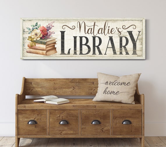 Customized Library Sign, Vintage Library Decoration, Reading Corner Sign, Gift for Book Worm, Classroom Library Decor, Personal Library Sign