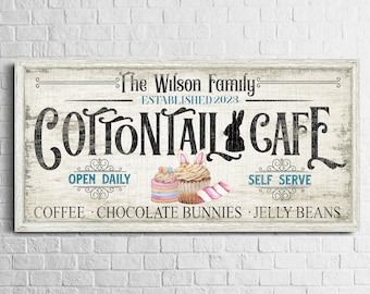 Custom Cottontail Cafe Sign, Easter Bunny Sign, Spring Cafe Decor, Easter Eggs Sign, Vintage Holiday Decor, Rustic Farmhouse Canvas Wall Art