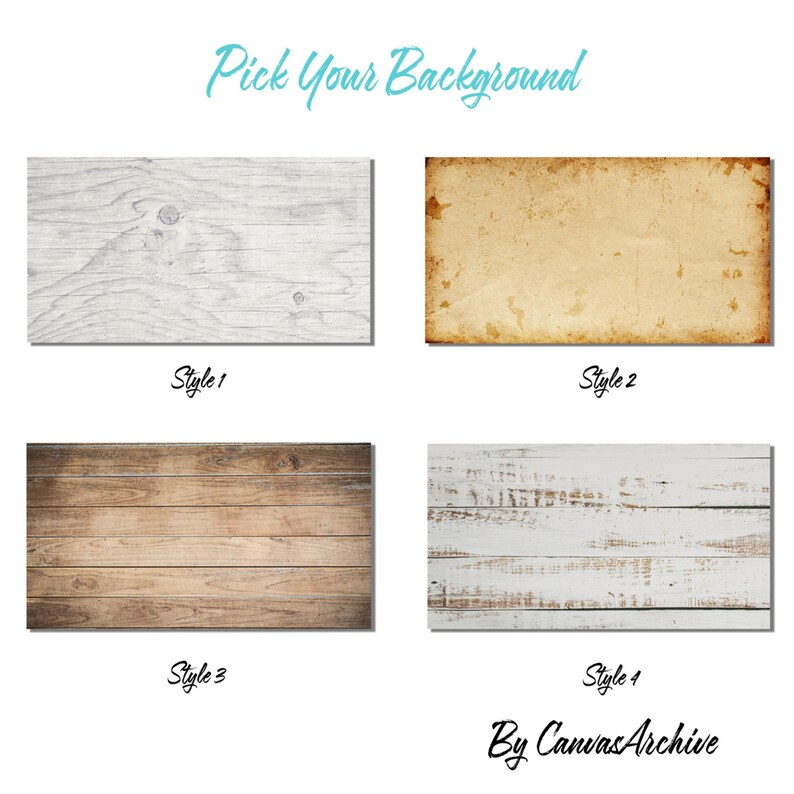 May include: Four different wood grain background options for digital design projects.  The options include whitewashed wood, aged paper, brown wood planks, and whitewashed wood planks.  Pick Your Background by Canvas Archive.