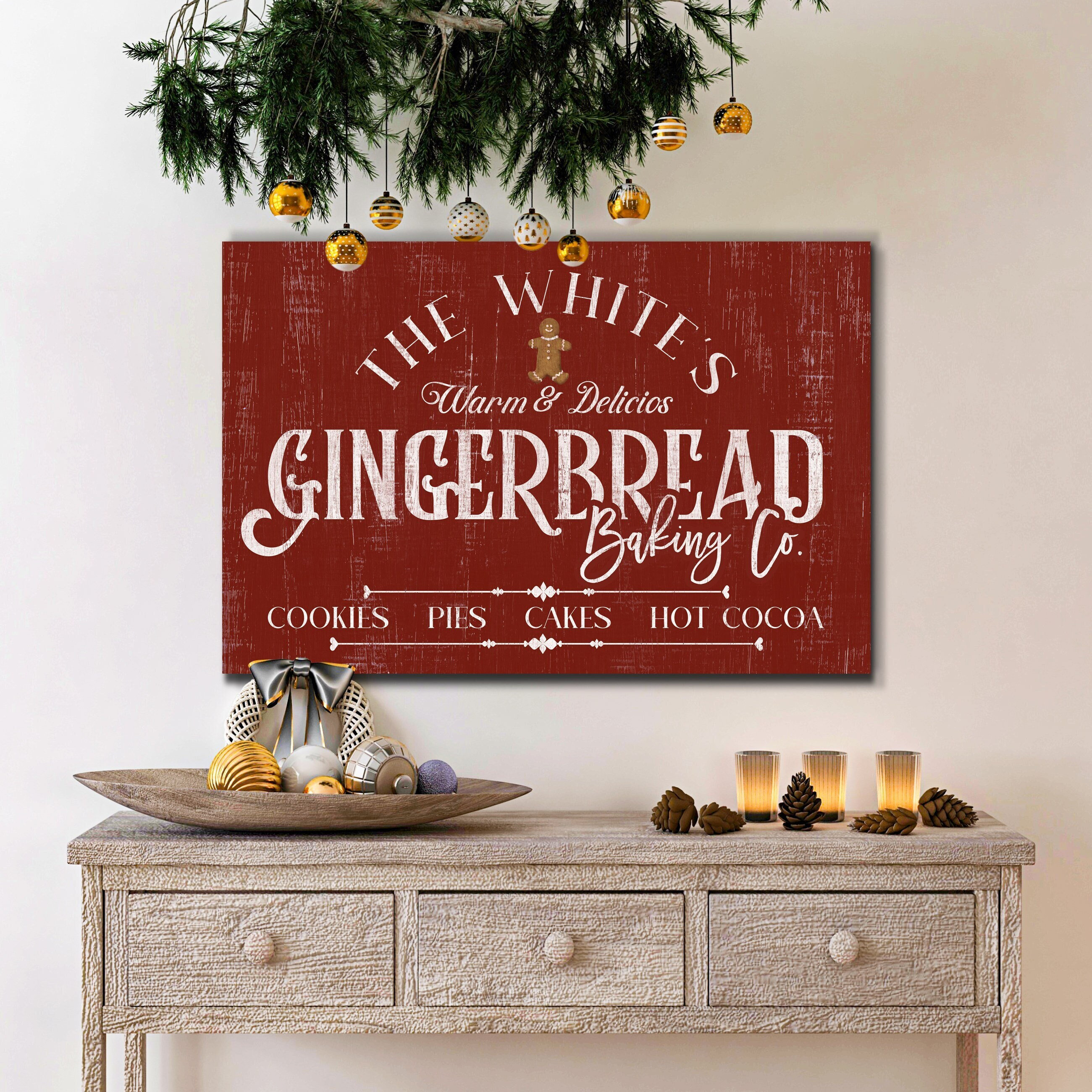 Custom Gingerbread Baking Co. Sign | Warm & Delicios | Bakery Canvas Wall Art | Red Background Kitchen Decor | Vintage Christmas Baking Sign