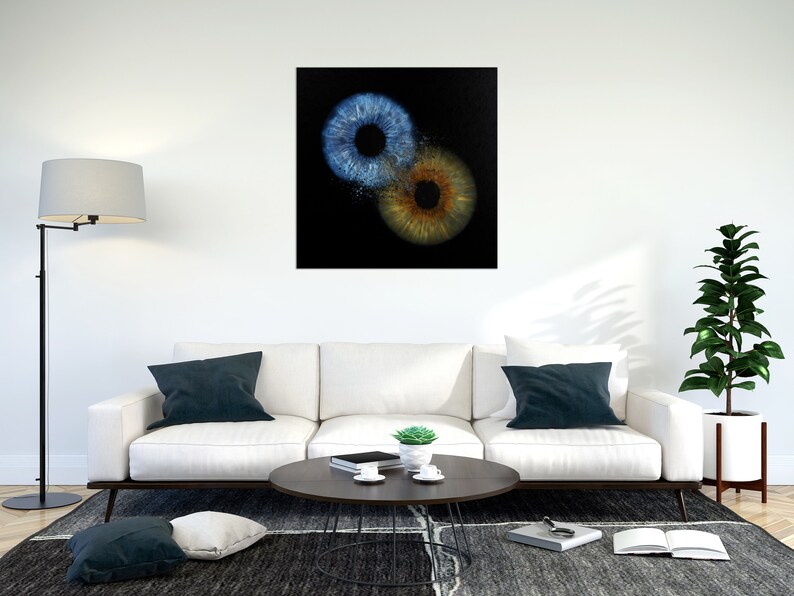 May include: Two close-up images of human irises, one blue and one brown, on a black background.