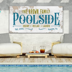 Benutzerdefinierte Familienname Zeichen Personalisierte riesige Leinwand Am Pool Zeichen Pool und Bar Schild Genießen, Entspannen, Lachen Zeichen Nachname-ZeichenBar Decor Style 3