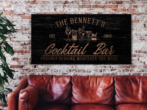 Personalized Cocktail Bar Sign, Cocktail Bar Decor, Cocktail Bar Wall Hanging, Rustic Vintage Lounge Decor, Farmhouse Wall Art, Canvas Print