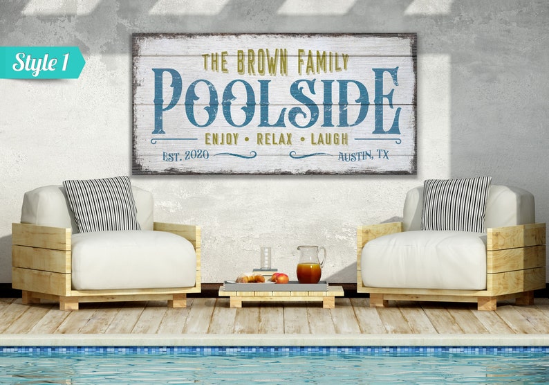 Benutzerdefinierte Familienname Zeichen Personalisierte riesige Leinwand Am Pool Zeichen Pool und Bar Schild Genießen, Entspannen, Lachen Zeichen Nachname-ZeichenBar Decor Bild 1