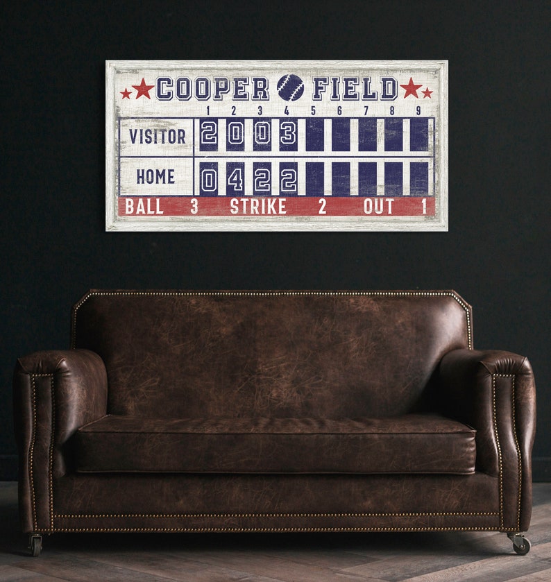 Pu&ograve; includere: Un tabellone segnapunti da baseball in stile vintage con le parole "COOPER FIELD" in lettere rosse e blu. Il tabellone segnapunti mostra il punteggio per la squadra ospite e la squadra di casa, nonch&eacute; il numero di palle, strike e out.