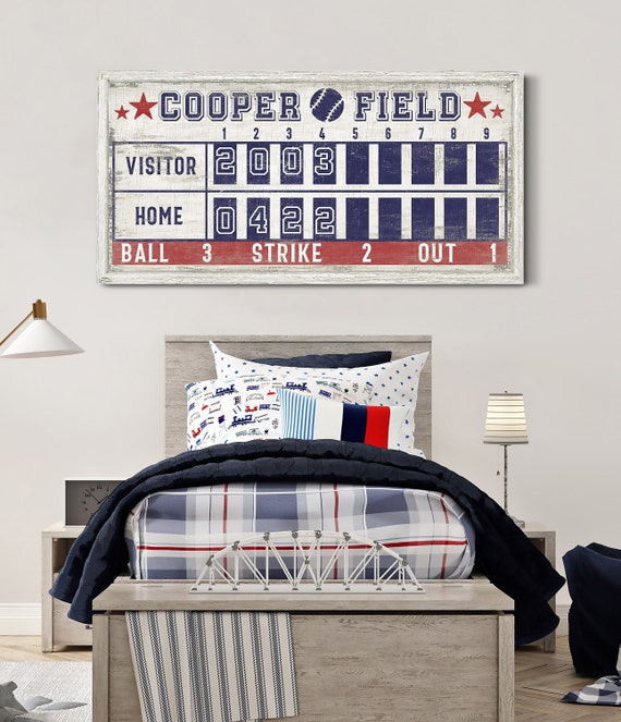Personalized Baseball Scoreboard Sign, Game Room Wall Decor, Sports Theme Nursery Room Decor, Custom Above Bed Decor, Rustic Canvas Wall Art
