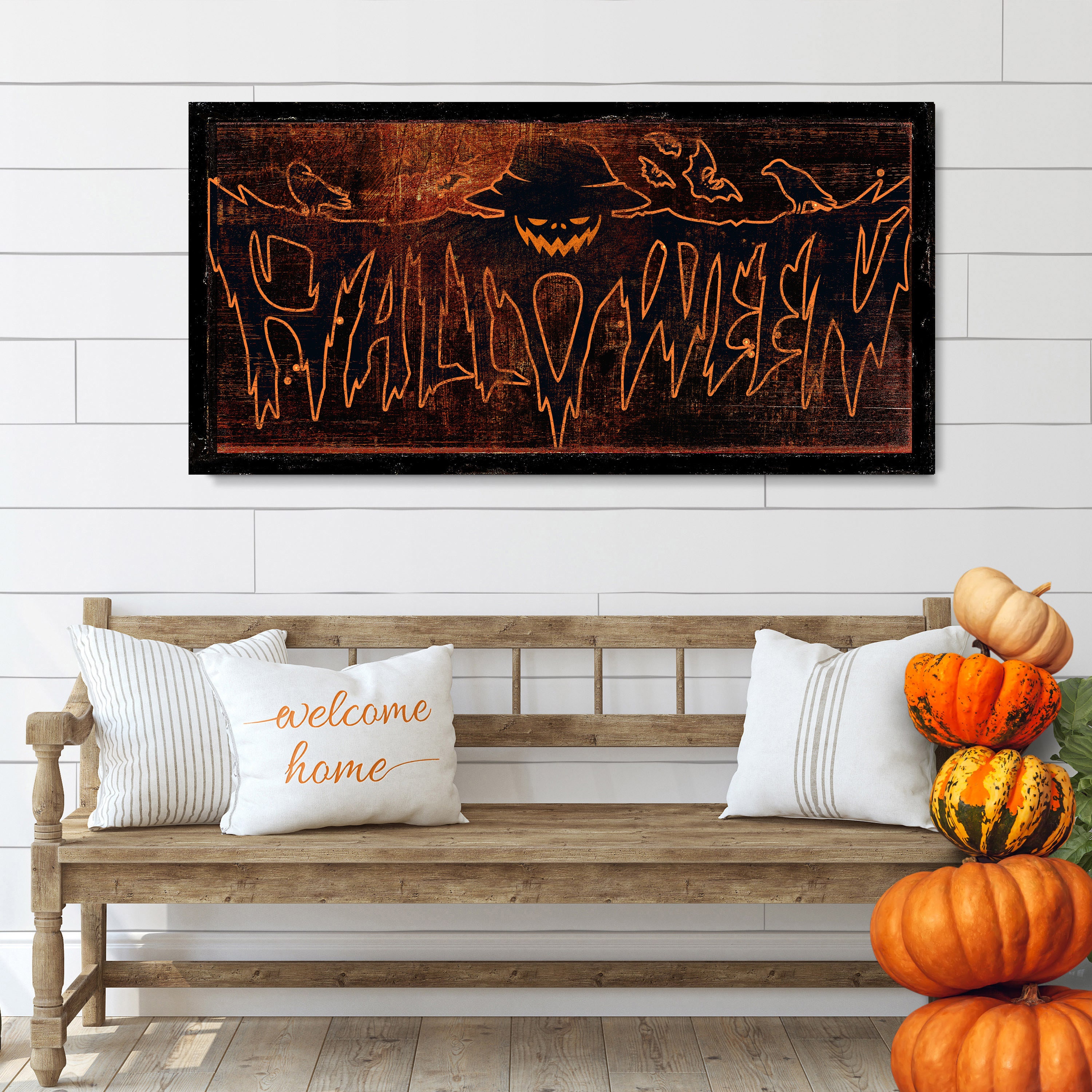 Enseigne De Porte Halloween En Bois Vintage - Citrouille Effrayante 60 Cm