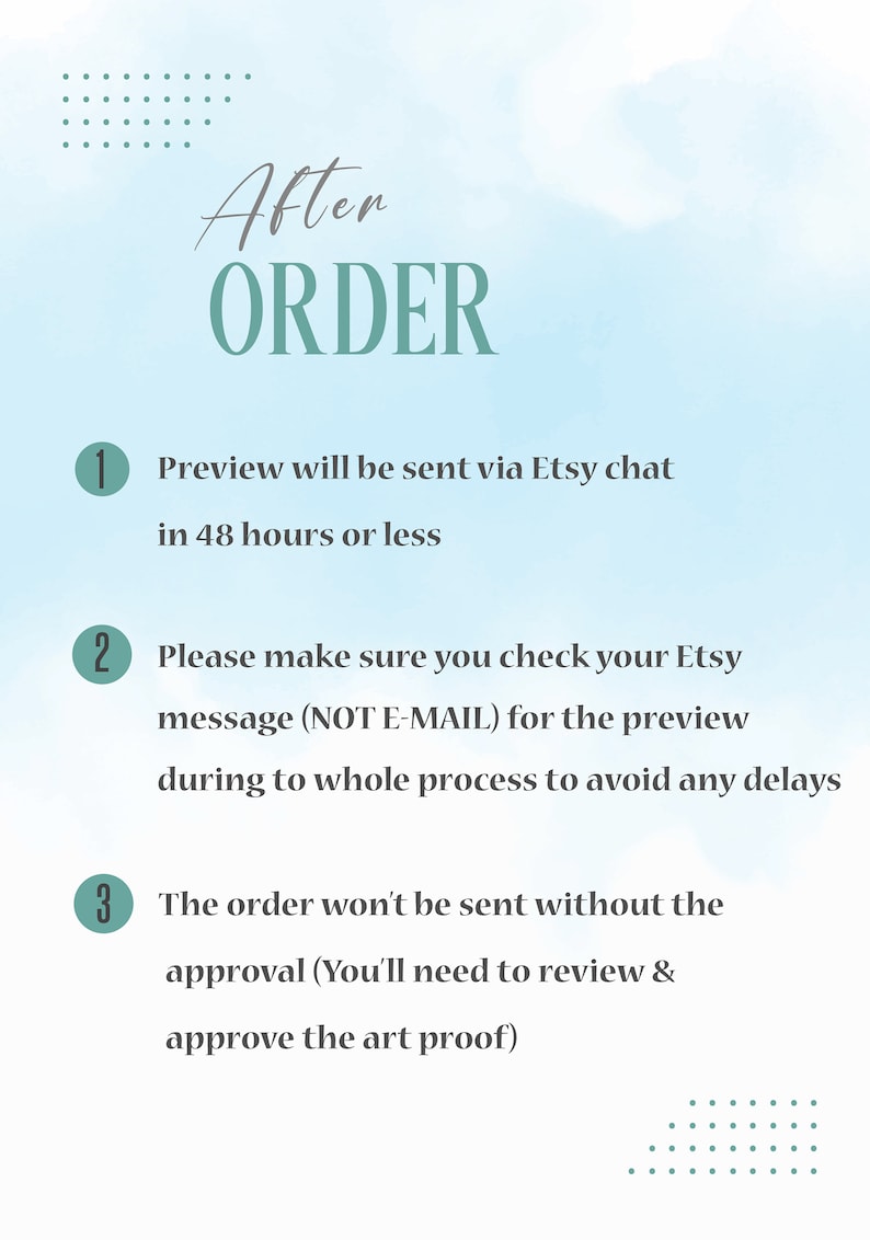 May include: A light blue and white graphic with the text "After Order" in teal.  The graphic lists three steps for ordering: 1. Preview will be sent via Etsy chat in 48 hours or less. 2. Please make sure you check your Etsy message (NOT E-MAIL) for the preview during to whole process to avoid any delays. 3. The order won't be sent without the approval (You'll need to review & approve the art proof).