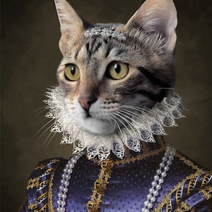 May include: A regal portrait of a tabby cat adorned in a Renaissance-style outfit. The cat wears a pearl-studded tiara, a lace ruff collar, and a blue and gold embroidered gown. The cat's eyes are a striking yellow.