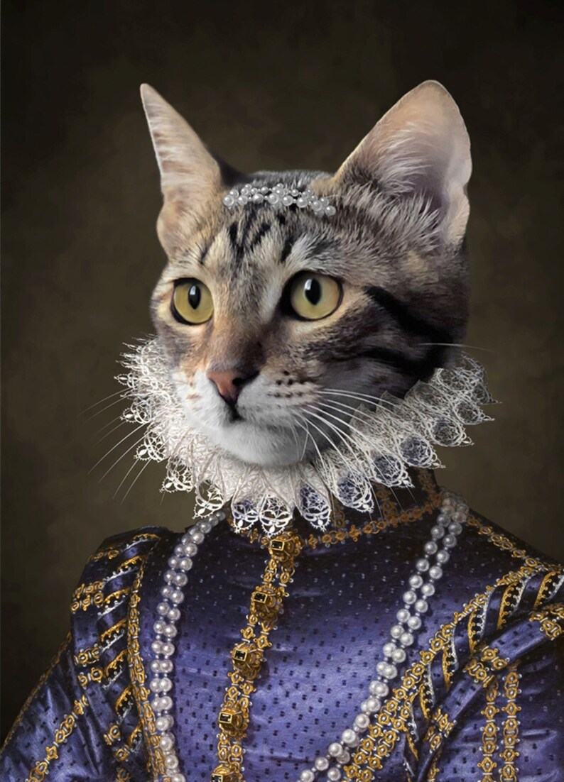 May include: A regal portrait of a tabby cat adorned in a Renaissance-style outfit. The cat wears a pearl-studded tiara, a lace ruff collar, and a blue and gold embroidered gown. The cat's eyes are a striking yellow.