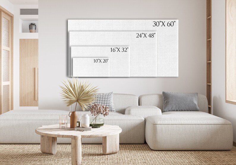 May include: A white canvas with different sizes marked on it, showing the different sizes available for purchase. The sizes are 10" x 20", 16" x 32", 24" x 48", and 30" x 60".
