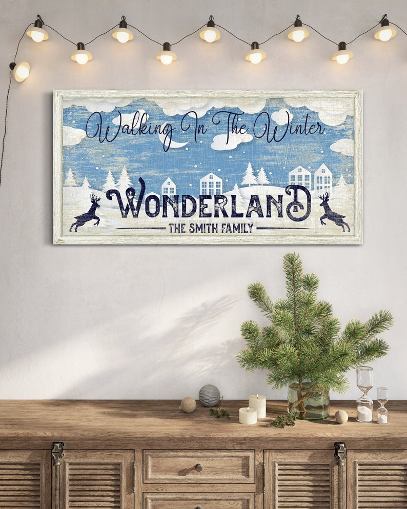 May include: A blue and white winter wonderland scene with the text "Walking in the Winter Wonderland - The Smith Family". The scene features a snowy landscape with houses, trees, and deer.