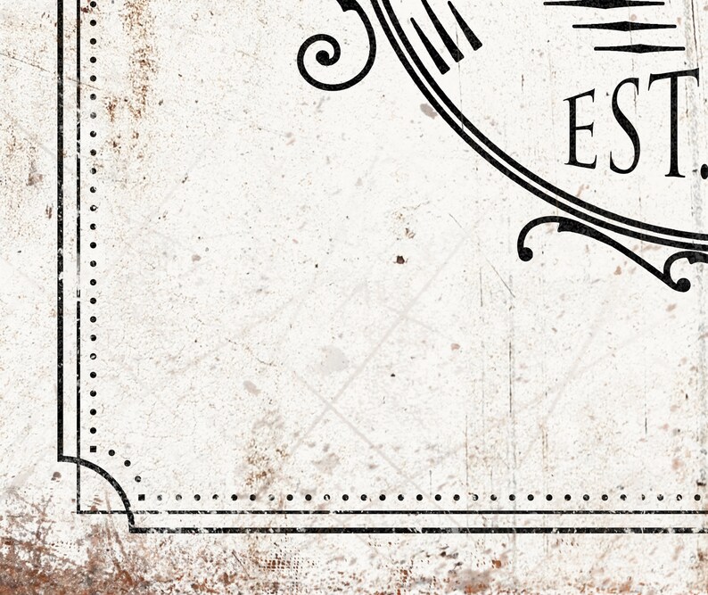 May include: A white background with a black and white decorative border. The border has a dotted line and a curved design. The text "EST." is in the upper right corner.
