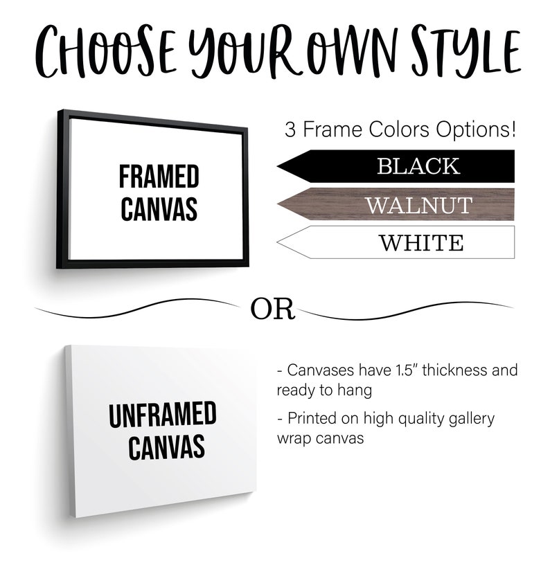 May include: Image showcasing framed and unframed canvas options. The framed canvas is in a black frame, with text reading "FRAMED CANVAS." The image also displays three frame color options: black, walnut, and white. Text reads "CHOOSE YOUR OWN STYLE."