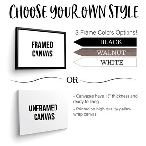 May include: Choose your own style for a framed or unframed canvas print.  The framed canvas options include black, walnut, or white frames.  The canvas is 1.5 inches thick and ready to hang.  The canvas is printed on high quality gallery wrap canvas.