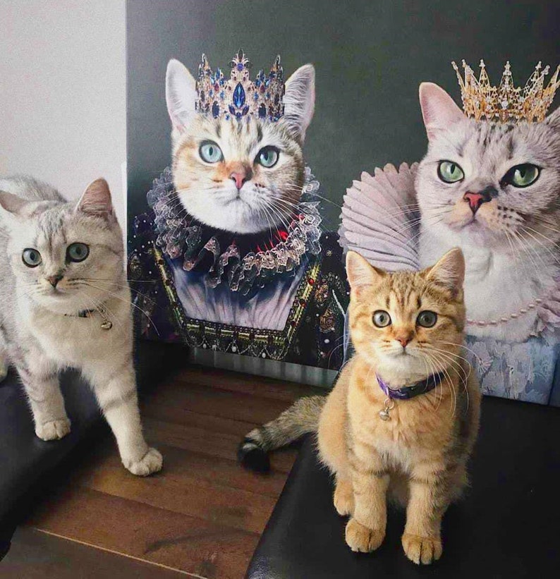 May include: Three cats wearing crowns and regal attire. A white cat with blue eyes is wearing a blue and gold crown and a white and gold ruff. A gray cat with green eyes is wearing a gold crown and a white ruff. A brown tabby cat with green eyes is wearing a purple collar with a bell. The cats are sitting on a wooden surface.