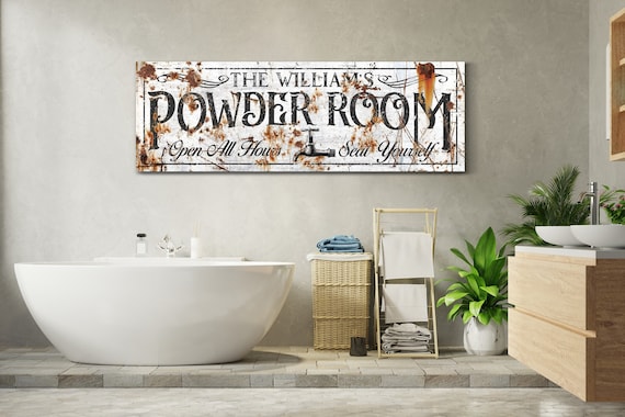 Personalized Powder Room Sign, Bathroom Signs, Over Bath Tub Decor, Signs for Master Bath, Farmhouse Wall Art, Large Rustic Canvas Print
