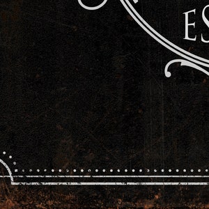 May include: Black background with a white border and the text "EST." in a white circle.