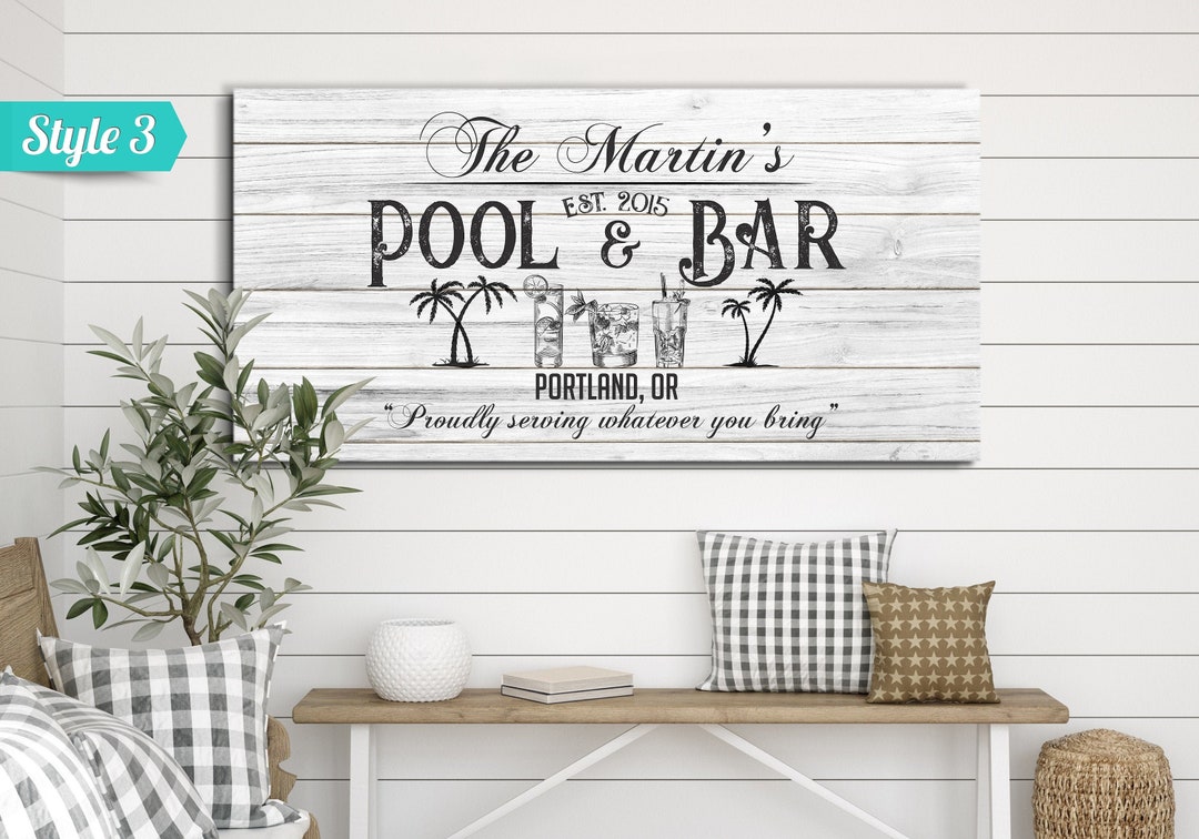 Pool & Bar Sign | Custom Family Name Sign | Large Canvas Wall Art ...