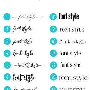 May include: A chart with 14 different font styles numbered 1 through 14. Each font style is labeled "font style" with variations in capitalization and font type.