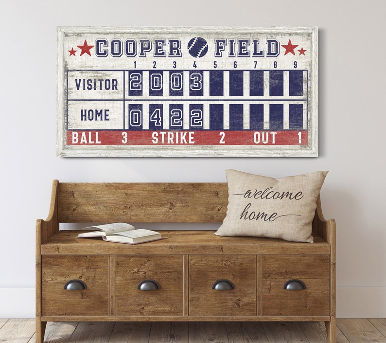 Pu&ograve; includere: Un tabellone segnapunti da baseball in legno bianco con accenti rosso, bianco e blu. Il tabellone segnapunti ha il testo "COOPER FIELD" e mostra il punteggio per la squadra in trasferta e la squadra di casa. Il tabellone segnapunti mostra anche il numero di palle, strike e out.