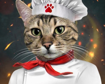 Op de afbeelding: Een tabbykat met een witte koksmuts met een rode pootprint op de band, een rode sjaal om de nek en een wit koksjas. De kat kijkt recht in de camera.