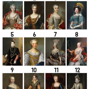 Puede incluir: Un collage de doce retratos de mujeres con ropa hist&oacute;rica. Los retratos est&aacute;n dispuestos en una cuadr&iacute;cula de cuatro filas y tres columnas. Cada retrato est&aacute; etiquetado con un n&uacute;mero del 1 al 12. El t&iacute;tulo "Ladies" est&aacute; en la parte superior del collage.
