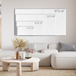 May include: A white canvas with different sizes marked on it, showing the different sizes available for purchase. The sizes are 10" x 20", 16" x 32", 24" x 48", and 30" x 60".