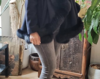 Cashmere cape jacket and very dark midnight blue fox
