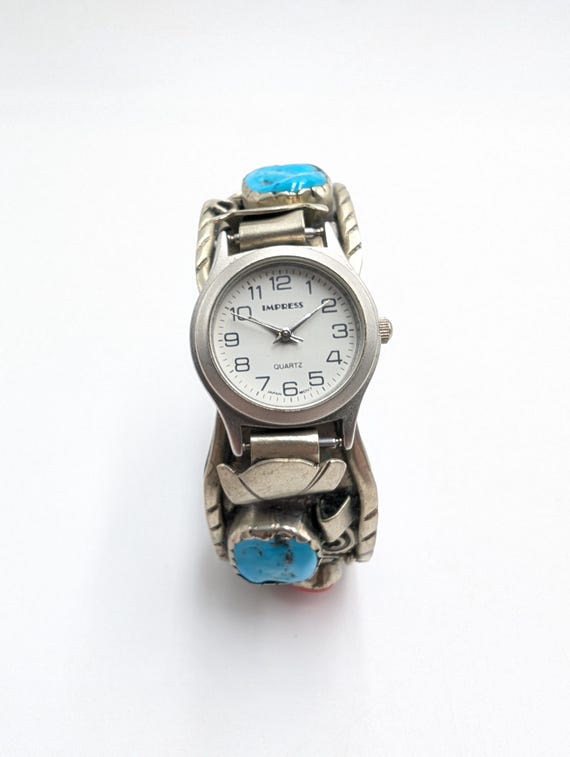 Navajo Turquoise and Coral Silver Watch Bracelet - Etsy display picture 1