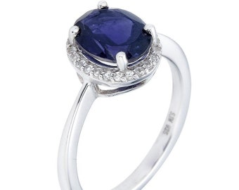 Oval Iolite with White Topaz Halo Ring In Sterling Silver (9x7MM)