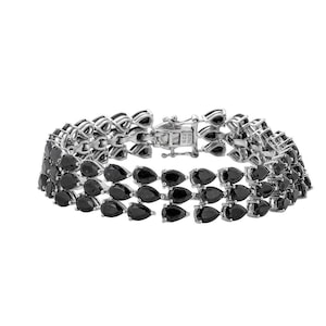 Black Sapphire Pear Tri Row Bracelet In Sterling Silver (7x5mm & 6x4mm)