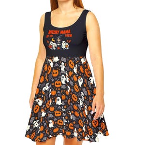 Women's Halloween Skater Dress, Spooky Dress for Halloween Party, Witchy Mama Dress, Ghosts and Pumpkins Print, AOP Fashion
