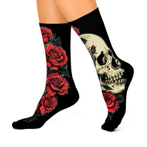 Gothic Floral Crew Socks - Comfortable Cushioned Socks with Rose and Skull Design, Unique Gift for Halloween, Casual Wear, Skater