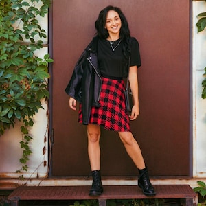 Red and Black Plaid Skirt  Gothic Tartan Knee-Length Skirt with Wide Black Waistband  Alt Grunge Aesthetic