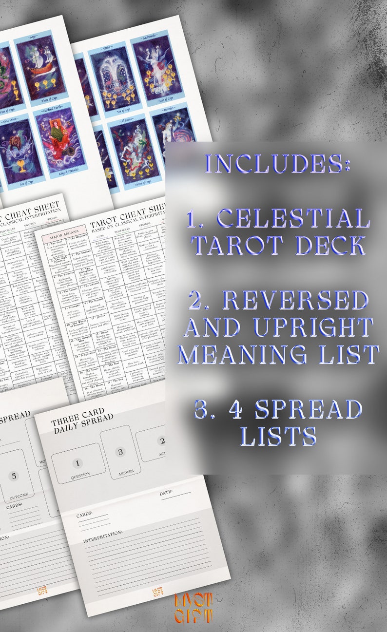 Celestial Tarot Card Deck Printable Bundle Spread List Journal Meanings List Cheat Sheet Etsy