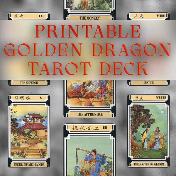 Rare Golden Dragon Tarot card Deck Printable Oracle | 78 Cards + Back | Instant Download Ready For Print At Home