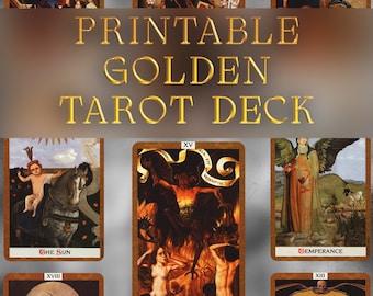 Golden Tarot card Deck Printable Oracle | 78 Cards + Back | Instant Download Ready For Print At Home