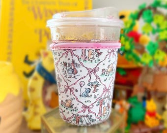 Honey Friends Coquette Cup Sleeve, Pink Bow Iced Coffee Sleeve, Neoprene Drink Cozy, Storybook Inspired Tumbler Accessory, Cute Coffee Gift