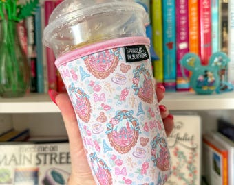Pink Castle Inspired Iced Coffee Cup Sleeve, Neoprene Drink Sleeve, Theme Park Lover Gift, Girly Tumbler Accessory, Coffee Cozy