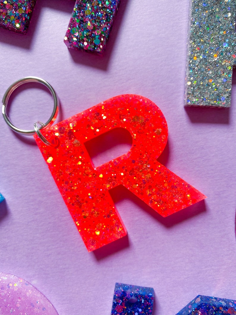 Glitter Monogram Keychain Glitter Initial Keychain Letter Etsy