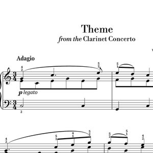 Mozart - Theme from the Clarinet Concerto (Easy Piano) sheet music ,Classical music, Music score, digital music score, pop piano songs