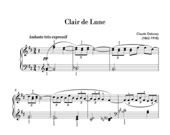 Debussy - Clair de Lune (Easy Piano) sheet music ,Classical music, Music score, digital music score, pop piano songs