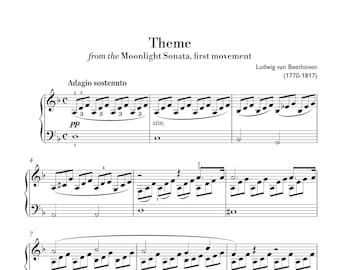 Beethoven - Moonlight Sonata Theme (Easy Piano) sheet music ,Classical music, Music score, digital music score, pop piano songs